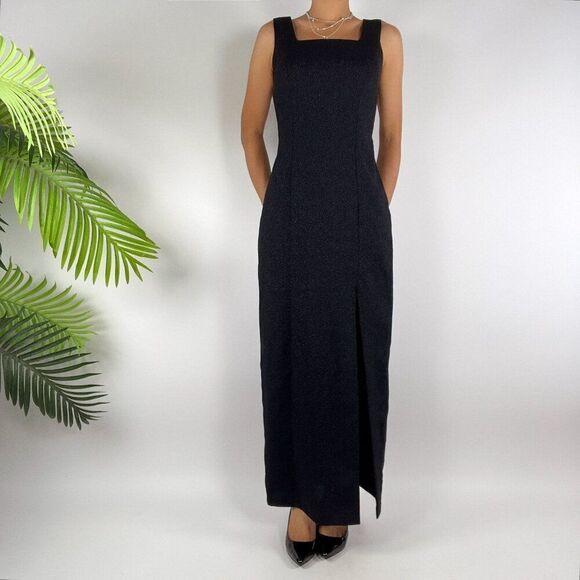 Vintage 90s Grunge Black Glitter Fairycore Maxi Prom Evening Formal Dress / 4/6 - Picture 4 of 6